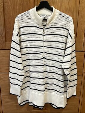 Seraphine Helga Lace Stitch Half Zip Sweater Navy Blue Ivory Stripe Size Large